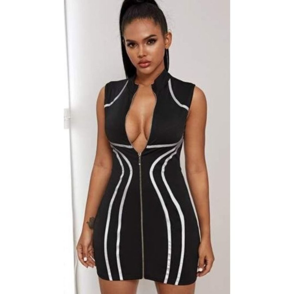 SHEIN Womens Bodycon Dress Zip Front Contrast Reflective Tape Black Size Medium
